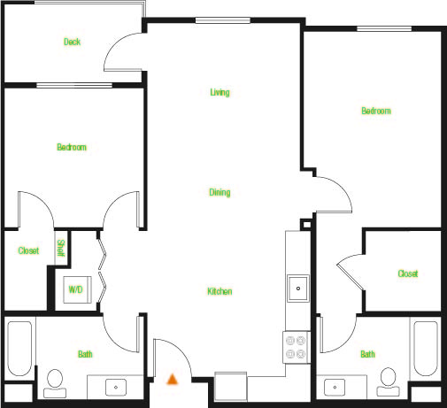 Floor plan for 2 beds, 2 baths, 1038 sqft